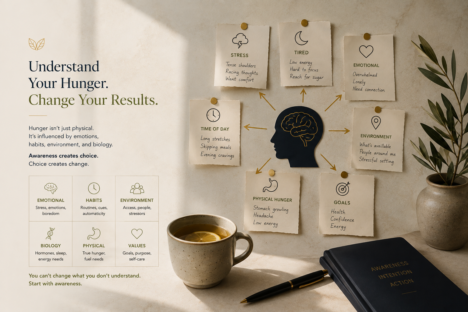 Breakthrough Health visual model showing how physical hunger, emotions, habits, environment, time of day, biology, and goals can influence eating.